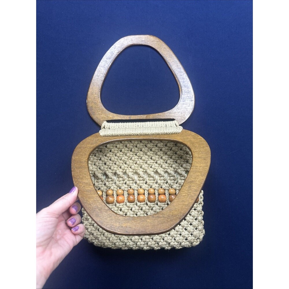 Vintage Macrame Handbag Purse Wood Handles Beige Boho Hippie Handmade 1970s - Picture 10 of 12